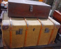 Vintage canvas and bentwood steamer trunk and a stained pine box (2)