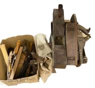 Collection of vintage woodworking tools to include planes, saws, chisels, etc and a canvas bag