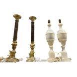 Pair of alabaster table lamps and a pair of brass column table lamps (4)