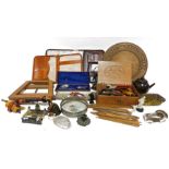 Silver-plated spoon and fork set in leather case, a wooden letter rack, various items of treen,