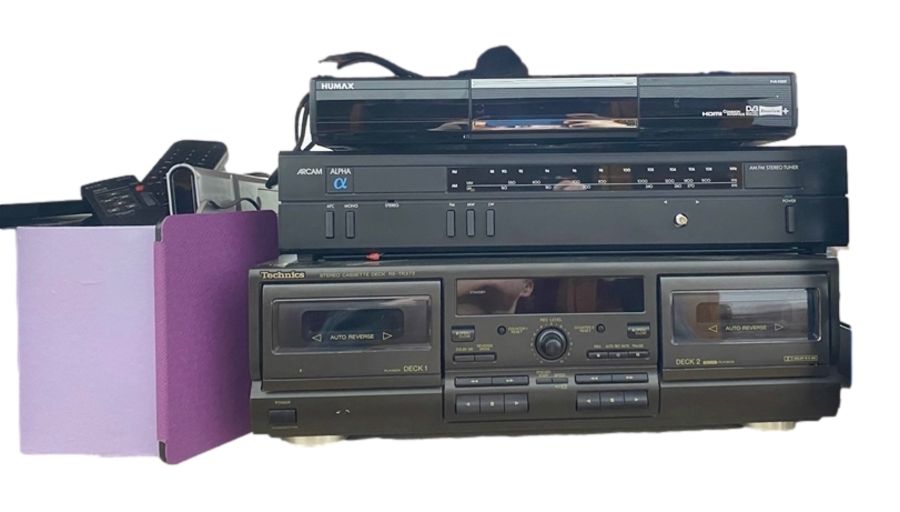 Technics RS-TR373 stereo cassette deck, an Aircam Alpha AM/FM stereo tuner, a Humax HDMI freeview