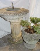 Composite stone sundial on column base, 45cm high approx. and a composite stone plant pot (2)