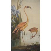 Edwardian/1920's  Oil on canvas board Flamingoes and irises, 59cm x 30cm, a small quantity various