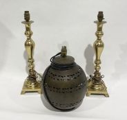 Pair of brass candlesticks and a modern pierced brass round table lamp (3)
