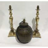 Pair of brass candlesticks and a modern pierced brass round table lamp (3)