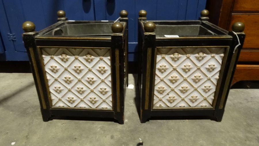 Pair of wooden square planters with floral and gilt decorated ceramic tiled outer (2)