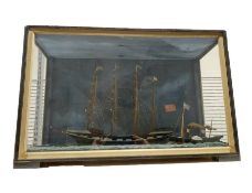 Model ship diorama in wooden and glass case, 68cm x 44cm x 28cm