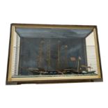 Model ship diorama in wooden and glass case, 68cm x 44cm x 28cm