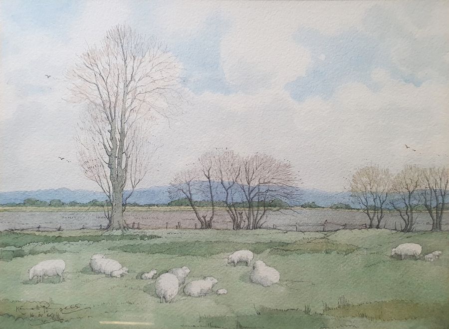 Kenneth Pengelly (20th century) Watercolour drawing Lambing Time, Romney Marsh, signed and dated