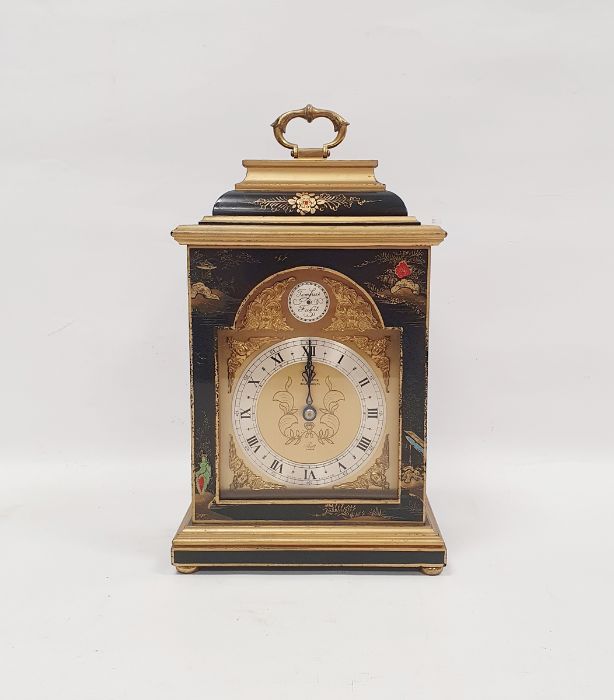 Mid-20th century bracket clock decorated in the oriental style, gilt on black, the silvered