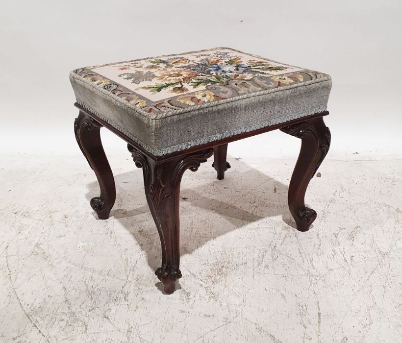 Georgian-style mahogany framed stool with needlework upholstered cushion top, on cabriole legs to