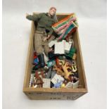 Box of Lego, plastic soldiers and a Palitoy Action Man