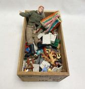 Box of Lego, plastic soldiers and a Palitoy Action Man