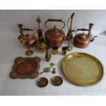 Three various copper kettles, a copper fireside brush, a copper tray, assorted Middle Eastern