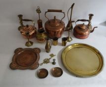 Three various copper kettles, a copper fireside brush, a copper tray, assorted Middle Eastern