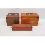 Oak box with hinged chamfered lid and brass drop handle, previously used for some electrical