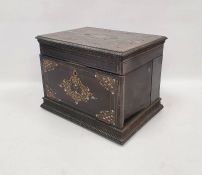 19th century ebonised stationery cabinet, the brass and mother-of-pearl inlaid drop front reveals