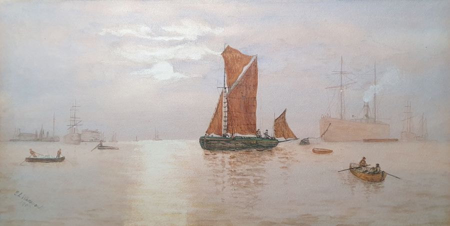 G L Wadsworth(?) Watercolour Maritime scene with red masted sailing boat and rowing boats, harbour