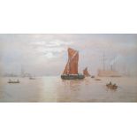 G L Wadsworth(?) Watercolour Maritime scene with red masted sailing boat and rowing boats, harbour