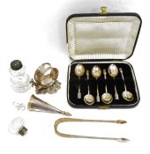 Set of six silver coffee spoons in case, an EPNS kangaroo applied napkin ring, two silver-mounted