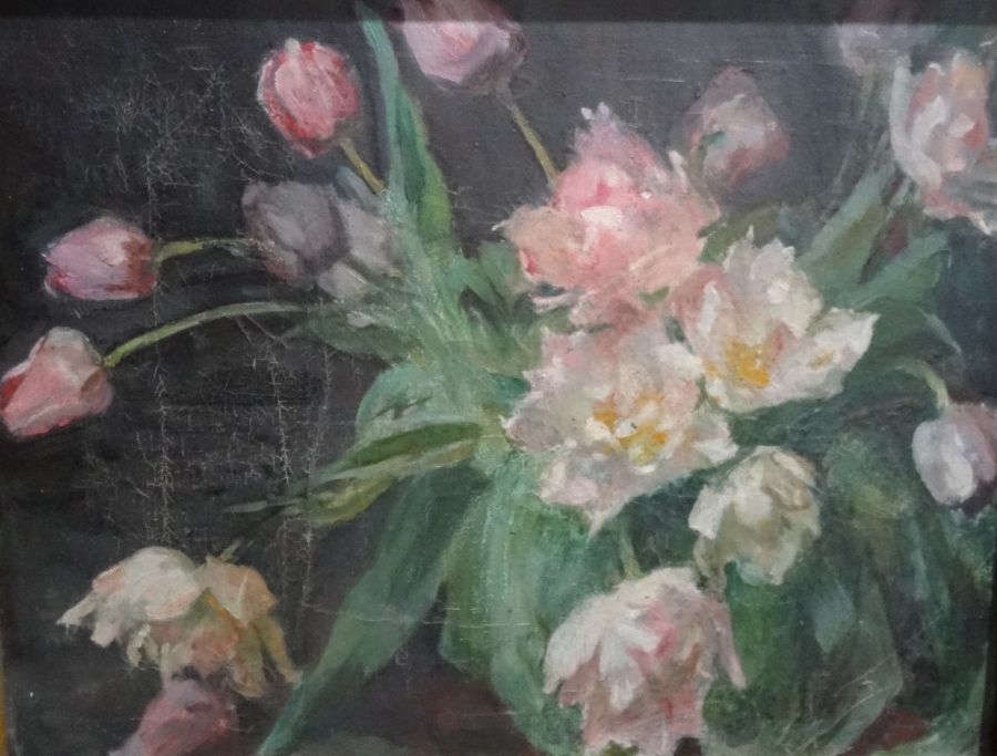 20th century school  Oil on canvas Still life study of roses and tulips, unsigned, 39cm x 49cm