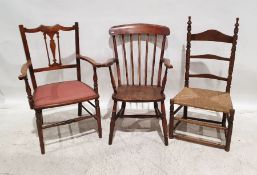 Elm-seated stickback carver chair on turned supports, stretchered base and two further chairs (3)