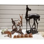 Large mid century model of gazelle suckling calf, two stylised carved wood figural ornaments, a