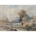 Attributed to Thomas Creswick  Watercolour  Figure and horses in river, unsigned, labelled verso