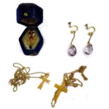 Pair amethyst and gold-coloured drop earrings, each with pear-shaped stone, indistinctly marked, a