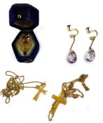 Pair amethyst and gold-coloured drop earrings, each with pear-shaped stone, indistinctly marked, a