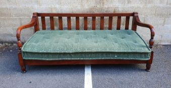 Modern Ralph Lauren ladderback daybed / sofa with green upholstered seat, turned front legs, 214cm x