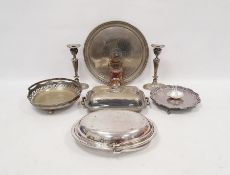 Quantity of EPNS table flatware, various patterns, plated entree dish, card tray, candlesticks,