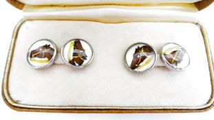 Pair reverse painted crystal (or Essex crystal) double-circle cufflinks, each with horses head and
