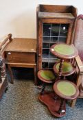 Lead glazed single door cabinet, a stand and a sewing box (3)