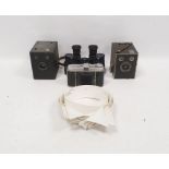 Assortment of vintage cameras and binoculars to include a Retina by Kodak camera, a box camera,
