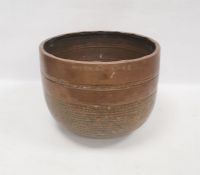 Large copper bowl, possibly a Japanese meditation bell, with Japanese characters on one side, 42cm