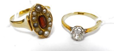 18ct gold and solitaire diamond ring, the stone approx. 0.4ct and a probably 18ct gold, garnet and
