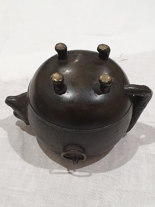 Japanese bronze 'Magic Tea Kettle' pot, ovoid, with a badger's head on one side and the tail on - Image 12 of 18