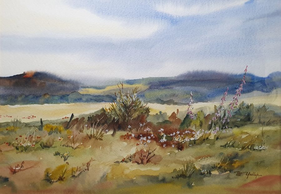 ******** WITHDRAWN ********** Pat Yallup Watercolour drawing Moorland scene with foxgloves and