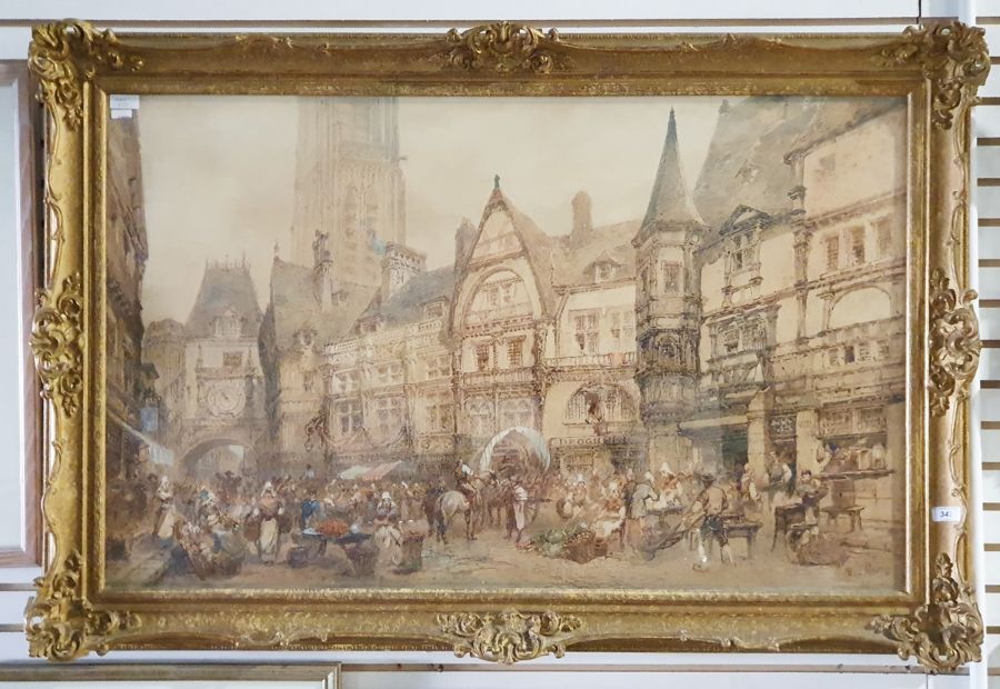 Paul Marny (1829-1914) Watercolour Town scene 'Rouen', signed lower right, 59.5cm x 97cm - Image 2 of 4