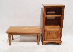 Modern pine cabinet, the rectangular top with moulded edge, rounded front corners, shelf above