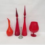 Assorted 1960's/70's glass to include large red tinted fritted goblet-shaped vase, two large conical