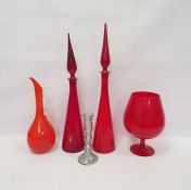 Assorted 1960's/70's glass to include large red tinted fritted goblet-shaped vase, two large conical