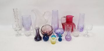 Collection of coloured and engraved glassware, including a Victorian cranberry glass water jug