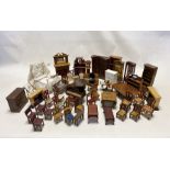 Large collection of wooden dolls house furniture to include piano, metal double bed with bedding,