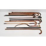 Quantity of assorted walking sticks to include a child's hunting crop with the horn handle formed as