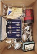 Small quantity of EPNS table flatware, a small quantity of coins and bank notes and a Fry's tinplate