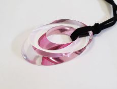 Withdrawn- Baccarat-style pink glass oval loop pendant with black leather thong