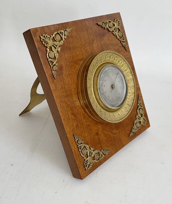 French Empire style gilt-metal and wood mounted desk barometer, aneroid with silvered dial ( - Image 2 of 2