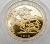 1985 gold proof sovereign in case Condition ReportSome light surface scratches to coin. Capsule with